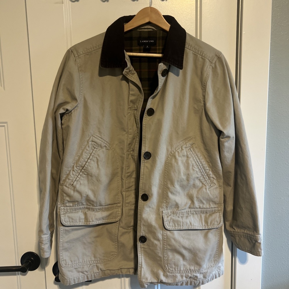 Lands' End Tan Cotton Field Jacket with Dark Brown Corduroy Collar